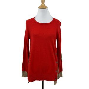 J Crew Sweater Womens S Small Red Brown Elbow Patches Buttons Detail Wool Blend
